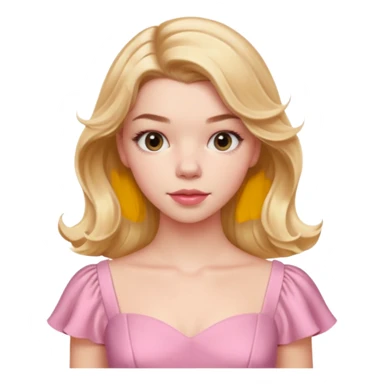 Cinematic Realistic Anya Taylor Joy Portrait, depicted with lifelike skin texture, subtle rosy undertones, and soft natural lighting that enhances the gentle contours of her face. Her intricately detailed golden blonde hair is elegantly wavy, and pink dress sticker