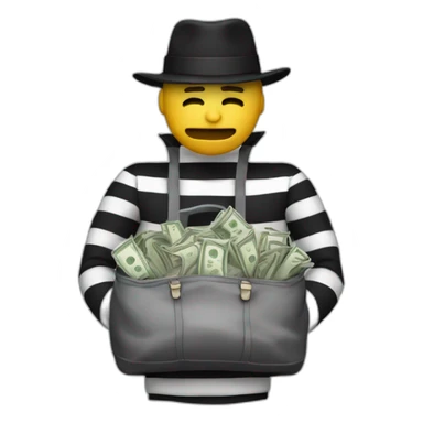 A man with a bag of money, in striped clothes and his eyes are closed with a black bandage, and on top is a black hat sticker