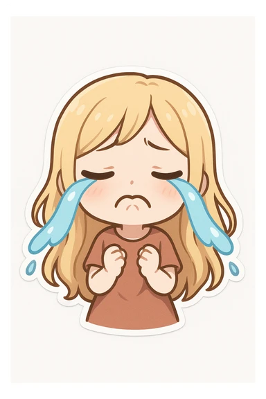 cute animated girl with long blonde hair, sad face, crying with cartoon tears, mouth downturned, plain white background sticker