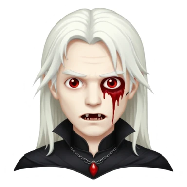 Creat a young man Vampire that have long white hair and white skin and full black eyes and bloody mouth and full black outfit  sticker