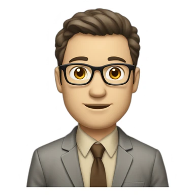 in front of a marker board Pale skinned fit man with dark brown hair in gray jacket, beige office shirt, brown tie, brown pants and vintage glasses. sticker