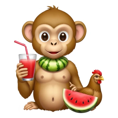 Monkey with chicken in mouth and watermelon juice sticker