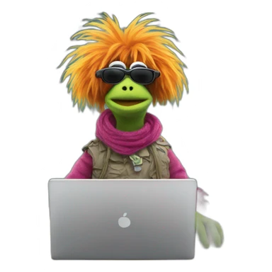 Fraggle with sunglasses working on a laptop sticker