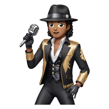Create a dynamic emoji representing pop vocal performance with a vintage microphone as the centerpiece, surrounded by iconic elements of Michael Jackson's stage attire. Include the signature black sequined jacket, white gloves with rhinestones, and a fedora hat placed next to the mic, evoking the style and energy of classic pop performances. Add subtle sparkles or light effects around the microphone and the clothing to reflect the glamorous, energetic atmosphere of a pop concert. Use bold colors like black, silver, and gold to convey the showmanship and sophistication of pop music. The background should be transparent. sticker