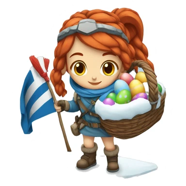 Greek Female winter mountaineer red hair white skin climbing with Greek Flag and Easter eggs basket sticker