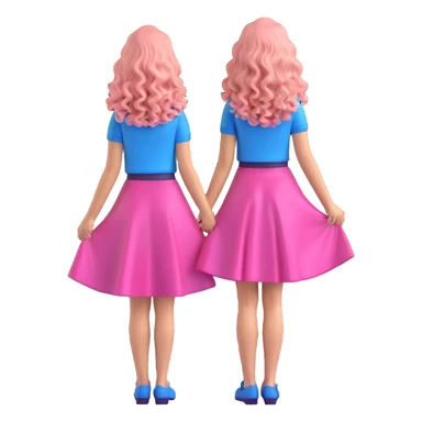 Create a 3D iOS emoji style image of a girl with long curly hair wearing a blue top and pink skirt, holding her dress, seen from the back. The image should be shiny and glossy on a white background. sticker