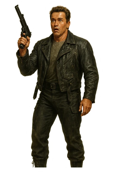 Full-body Terminator Arnold Schwarzenegger in leather jacket, surprised face, holding a gun raised, realistic painted style sticker