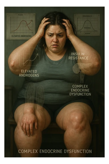 cinematic realistic in italiano Woman with PCOS struggling with hormonal chaos, transparent overlay showing elevated androgens and insulin resistance affecting her body, lipedema causing disproportionate fat accumulation in legs and arms despite normal torso, expression of frustration with unexplained weight gain, medical charts showing complex endocrine dysfunction, painful swollen limbs contrasting with metabolic confusion scrivi in italiano sticker