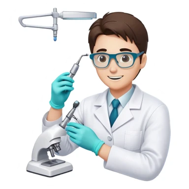 a dental technician at work, focusing on their upper half. they are wearing a white lab coat, protective glasses, and gloves, carefully crafting a dental prosthetic with precision tools. the background shows a clean, organized workspace with dental molds and equipmentDental technician  sticker
