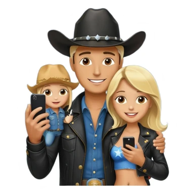 happy man in a leather jacket and cowboy hat holding a tiny naked blonde woman like a phone, with a starry sky background sticker