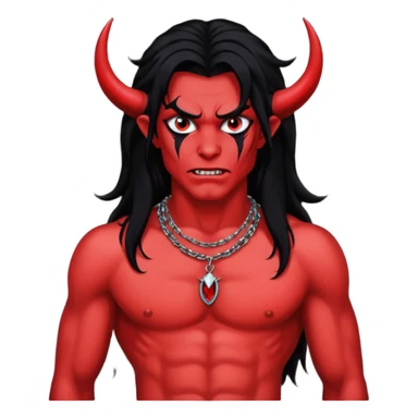 Satan with red skin, long black hair, black sequin baggy pants, shirtless with necklace sticker
