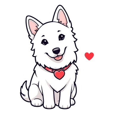 white Swiss Shepherd dog with a Glitter collar . over the Dog ist a heart sticker