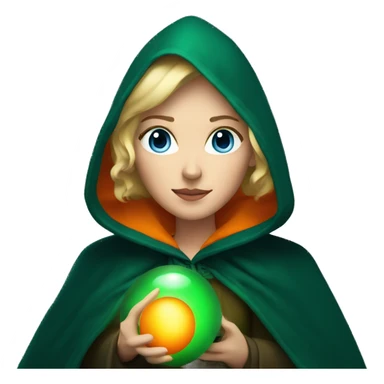 Blonde woman with blue eyes in dark green cloak holding an orange glowing orb sticker