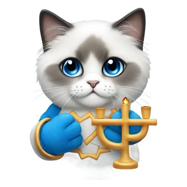 Blue mittens Ragdoll face holding a menorah sticker