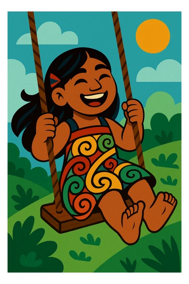 A Maori girl with long dark hair, swinging on a wooden swing, smiling, with a koru pattern on her dress, stylized and colorful sticker