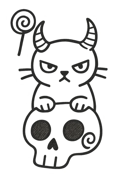 Add the iconic lollipop from the Trick 'R Treat movie hanging from one of the cat's demon horns, hand drawn style with sketchy lines, no fill, preserve the red spiral on the skull, transparent background. sticker