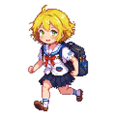 Pixel art anime girl with short bright yellow hair wearing Japanese sailor style school uniform, running energetically with school bag, happy determined expression sticker