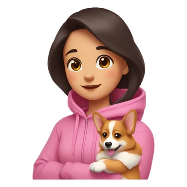 A girl with dark hair, in a pink hoodie hugs a corgi puppy, who winks with pleasure, and there are hearts around sticker