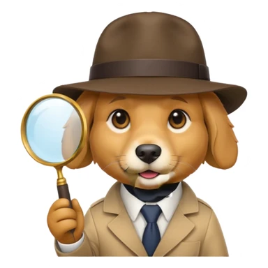 round dog emoji with detective hat and magnifying glass, minimal details, bright colors, apple emoji style sticker