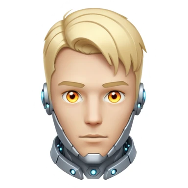 Cyborg male with blond hair, partly mechanical face, glowing eyes, white tech collar sticker