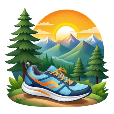 A dynamic icon featuring a pair of running shoes in motion on a scenic trail, surrounded by trees and mountains. The background shows a sunrise, symbolizing energy and passion for running. Transparent background enhances the focus on movement and the joy of outdoor jogging. sticker