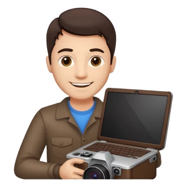 man's head with dark brown hair, holding a laptop and a camera, cheerful and confident sticker