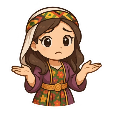 Kurdish woman in a new dress, shrugging shoulders with palms up, confused or 'I don't know' expression, no text sticker