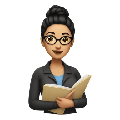 An caucasian woman with Black hair with tophead bun, she has glasses, she is writing a note on her notebook, we can see her pencil while writing sticker