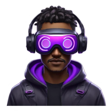 Cyberpunk style. Violet neon. Man with light skin in the black hoody with violet OMG VR logo on it wearing vr headset oculus quest 2 sticker