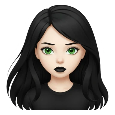 Black haired girl, green eyes, black lipstick, white skin, black t shirt, sharp face, long hair sticker