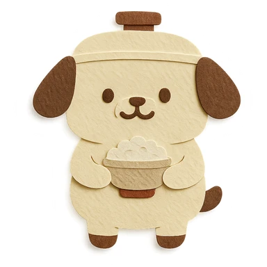 chibi rice cooker dog with a round belly, holding a rice bowl, soft cream and brown tones, full-body sticker