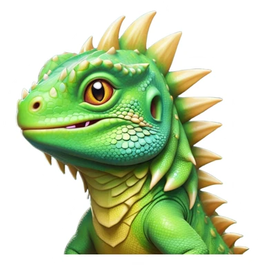 Cinematic Cute Iguana Portrait Emoji, Head tilted playfully and inquisitively, featuring a delightfully vibrant, textured body with a subtle spiky crest and large, sparkling eyes full of gentle wonder, Simplified yet irresistibly adorable features, highly detailed, glowing with a warm, inviting jungle glow, high shine, affectionate and lively, stylized with a touch of whimsical reptilian charm, soft glowing outline, capturing the essence of a mischievous yet loving iguana that seems as if it could scurry out of the screen into your arms! sticker
