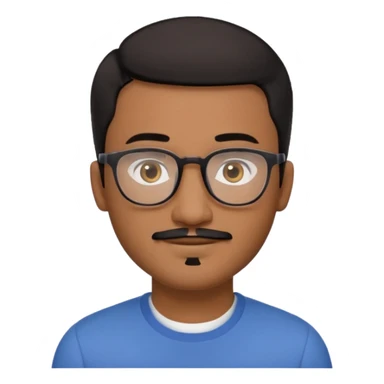 A friendly person with medium-brown skin, large warm brown eyes, thin rectangular glasses, a short mustache and small goatee, black hair. Rounded face, calm slight smile. Head-and-shoulders emoji style, bold outlines, simple shapes, bright colors, transparent background. sticker