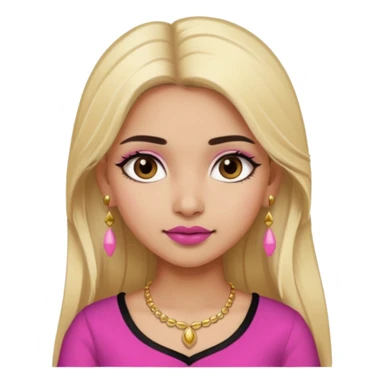 Sweet Indian girl blond long hair darkbrowm eyes brown/pink lipstick pink blush black top gold earrings brown eyebrows  sticker