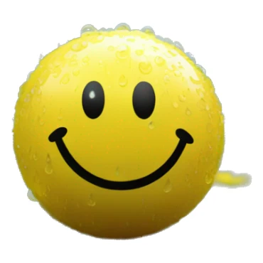A bright yellow smiley face ball, covered in raindrops, sits on a wet, textured surface. Blurred green foliage and out-of-focus yellow flowers fill the background, with soft rain falling, creating a cheerful yet serene atmosphere. sticker