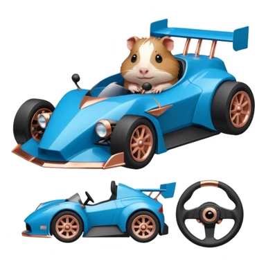 dark crystal blue and rosegold-accented faceted-body electric racing car driven by a small cute but fearless Guinea pig with rear spoiler, roll bar, and wheely bar sticker