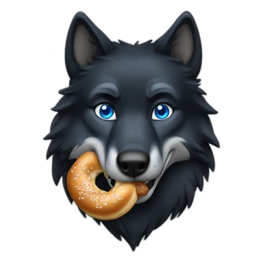 a full black wolf with blue eyes eats a bretzel sticker