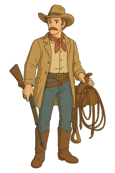 The Full body of a 1860s American cowboy holding horse riding equipment and a rifle and a cowboy hat sticker