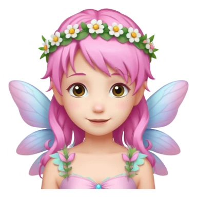 A tiny pastel fairy with pink hair with glowing wings and a sweet smile and tiny flower crown sticker