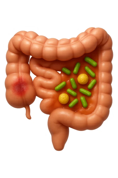 emoji stile iphone in 3d di intestino realistico con infezione e batteri dentro, iperrealistico 4k sticker