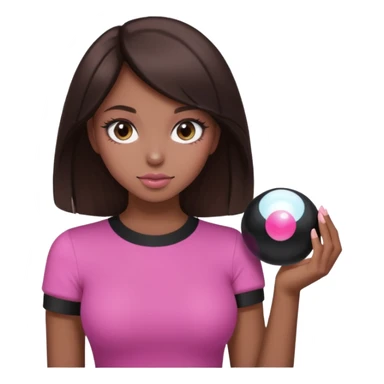 woman with dark brown hair, wearing an aesthetic top featuring a pink magic 8 ball sticker