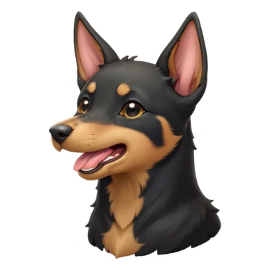 Cinematic Cute Yawning Black and Tan Kelpie Portrait Emoji, Head tilted slightly with a dramatic, wide-open yawn, showcasing a smooth black Fur with distinct tan accents, floppy ears slightly drooping, round dark eyes barely open in drowsy contentment, Simplified yet irresistibly adorable features, highly detailed, glowing with a soft, cozy glow, high shine, relaxed yet expressive, stylized with a touch of whimsy, bright and endearing, soft glowing outline, capturing the essence of a sleepy yet affectionate herder, so drowsy it feels like it could stretch out of the screen and curl up for a nap! sticker