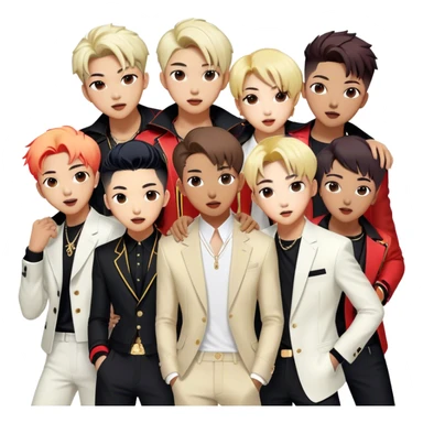 Cinematic Realistic BTS Portrait Emoji, depicted as a dynamic energetic portrayal of the global K-pop group with stylish modern attire and vibrant expressions, rendered with rich textures and bold contemporary lighting that captures their youthful charisma. sticker