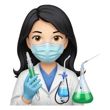 medica con guantes  y mascarilla e insumos laboratorio  jeringa tubos  pelo negro largo triguella sticker