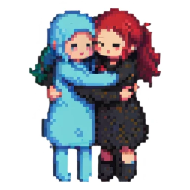 Pixelated characters hugging sticker