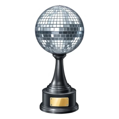Tall Competition trophy with a silver disco ball on top that says “DWTS”  sticker