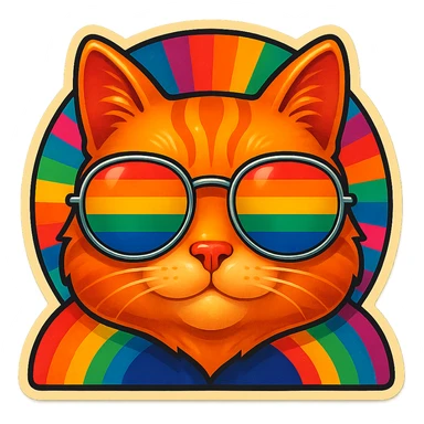 Add a vibrant, colorful background behind the cat with rainbow sunglasses, keep the retro stickers style the same. sticker