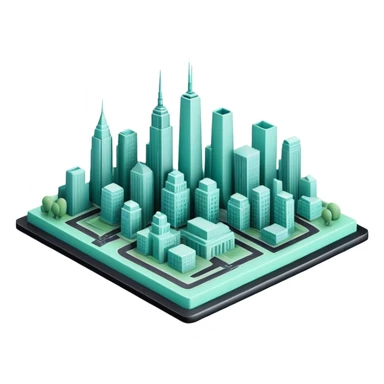 Urbanisme & Aménagement (Urban Planning), 3D techy icon with black and mint green (#B5F4D3) color scheme, city skyline with blueprint sticker