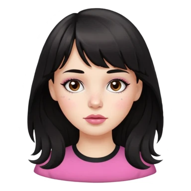 white girl, oval face, bangs and long black, slightly wavy hair. With round brown eyes, small and round nose, full and pink lips. Skin with some freckles. rock style sticker