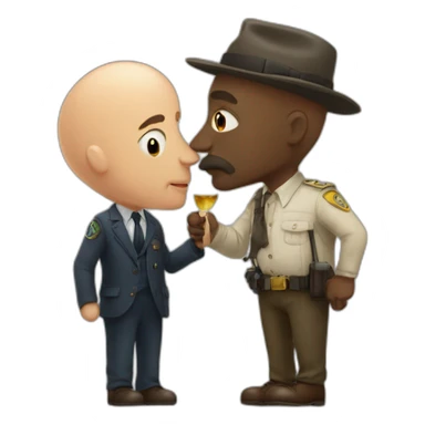 African bald older man detective with hat kisses tall older european man detective  sticker